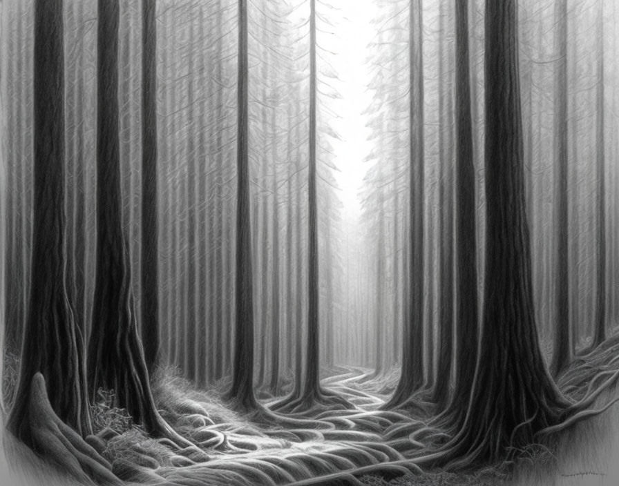 Monochrome forest landscape with tall trees and winding path