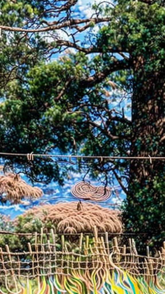 Colorful traditional straw decorations and woven artwork with lush green trees backdrop