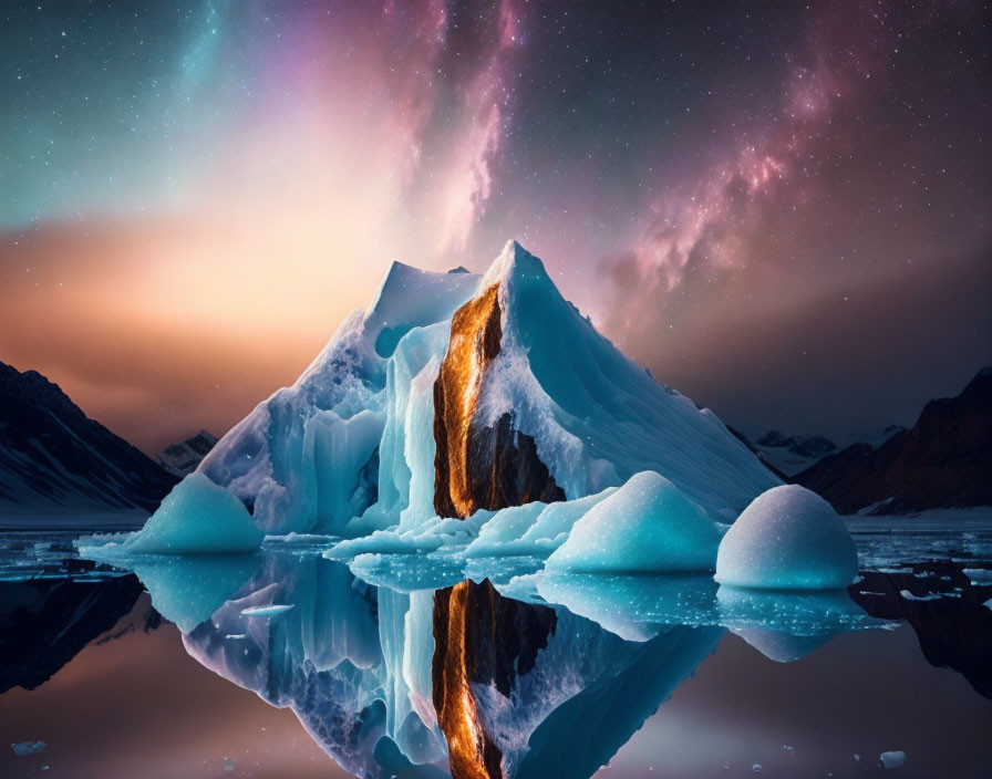 Aurora-lit iceberg in serene waters with mountain backdrop