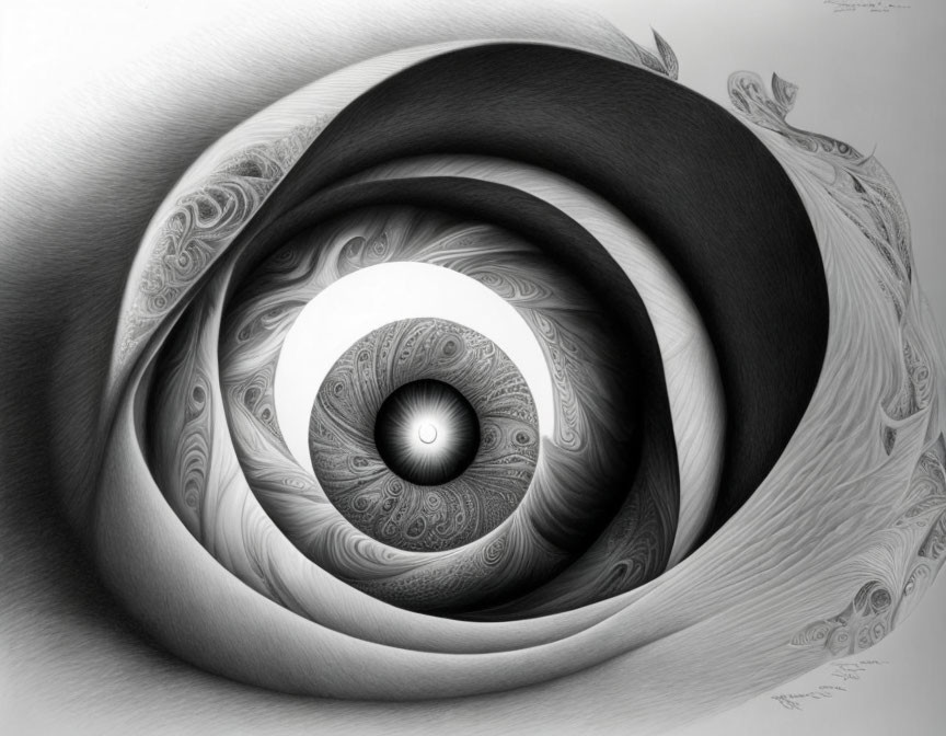 Monochrome fractal art of intricate eye pattern