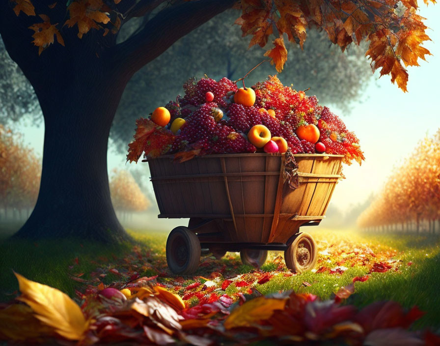 Wooden cart filled with autumn harvest fruits in front of golden fall foliage trees