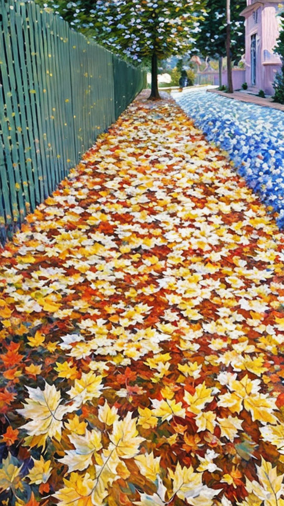 Vibrant autumn tree-lined pathway painting with green fence.