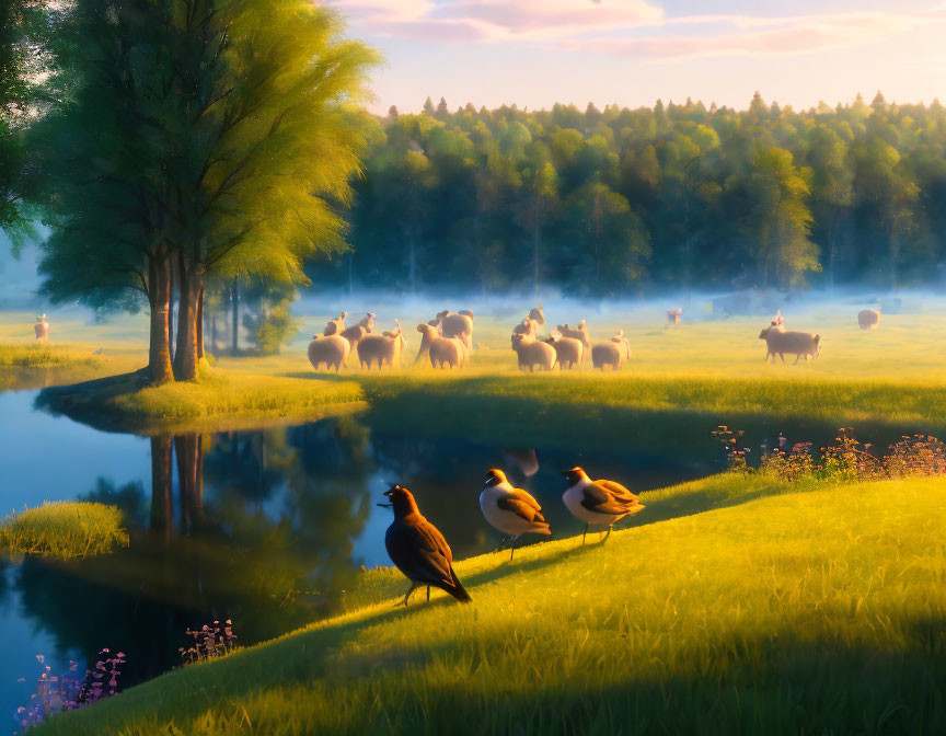 Tranquil sunset landscape with grazing sheep, pond, birds, lush trees