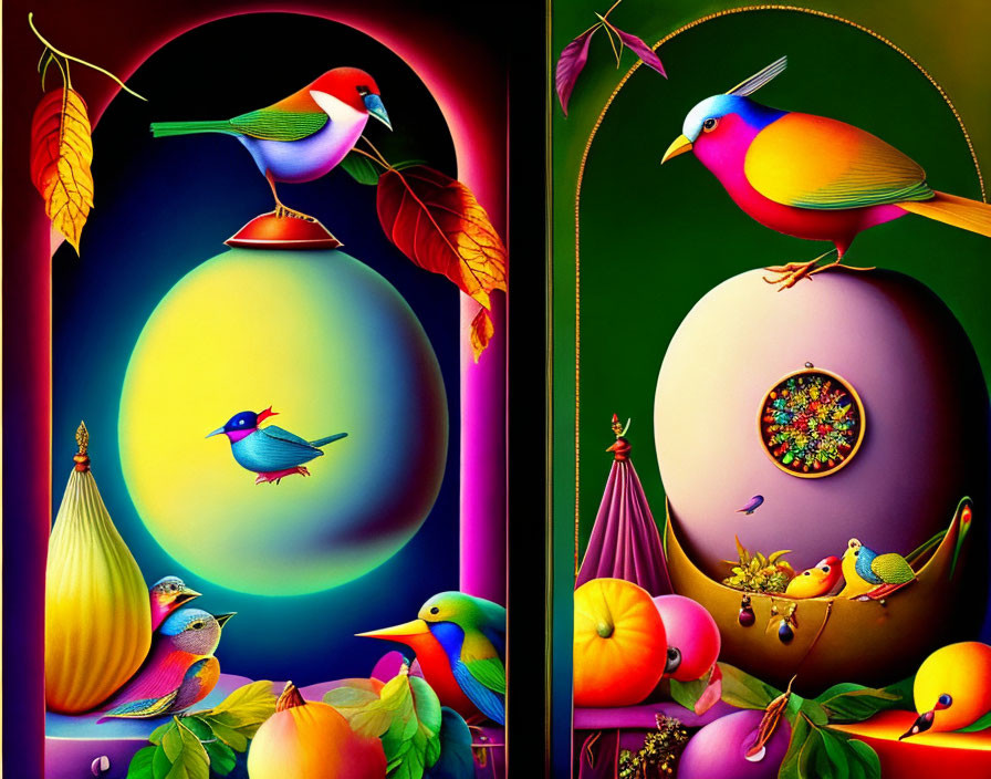 Colorful Birds Perched on Branches in Stylized Artwork