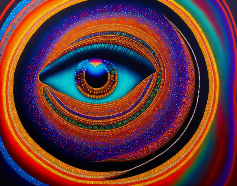 Colorful Psychedelic Eye Illustration with Concentric Circles and Dot Patterns