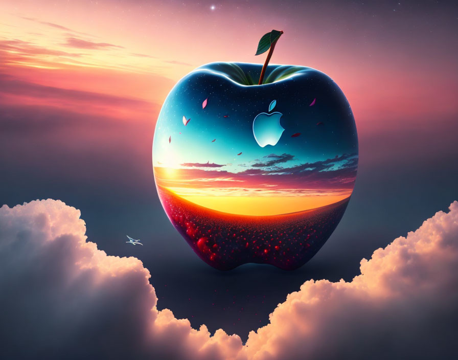 Surreal apple image with Apple logo silhouette, ocean sunset, clouds, and plane