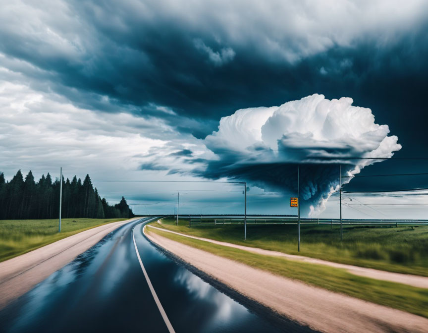 Dramatic sky with towering cumulonimbus cloud over road