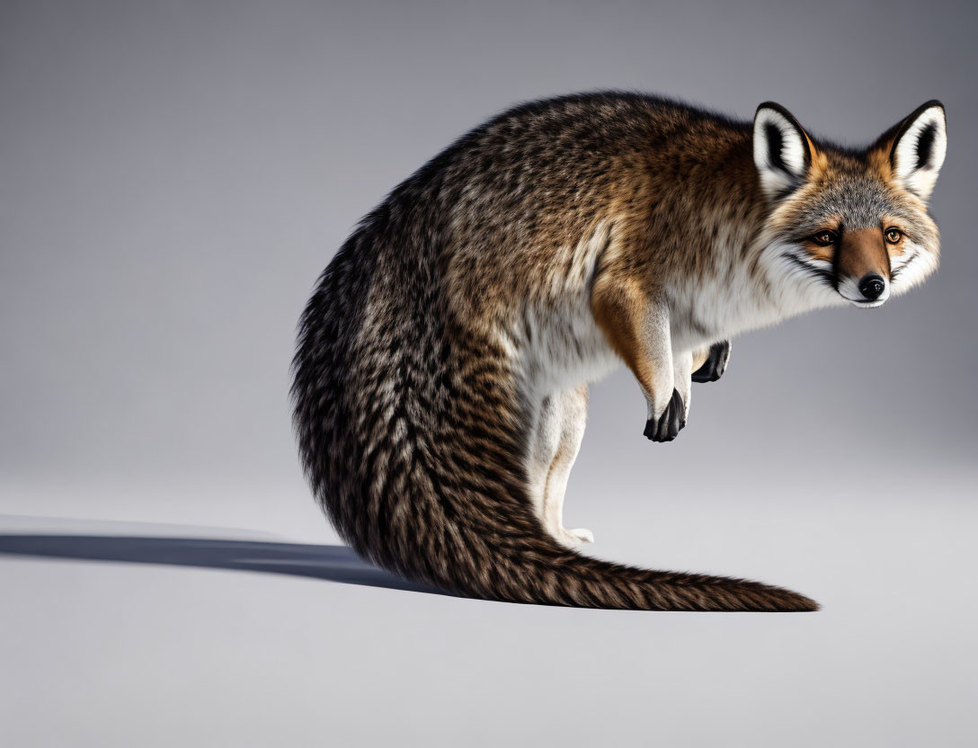 Fox with curled tail and sharp gaze on gray gradient background