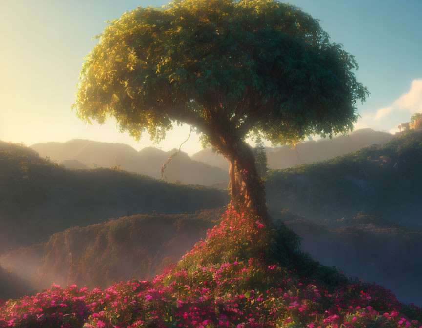 Lush Canopy Tree on Hill with Pink Flowers and Misty Mountains