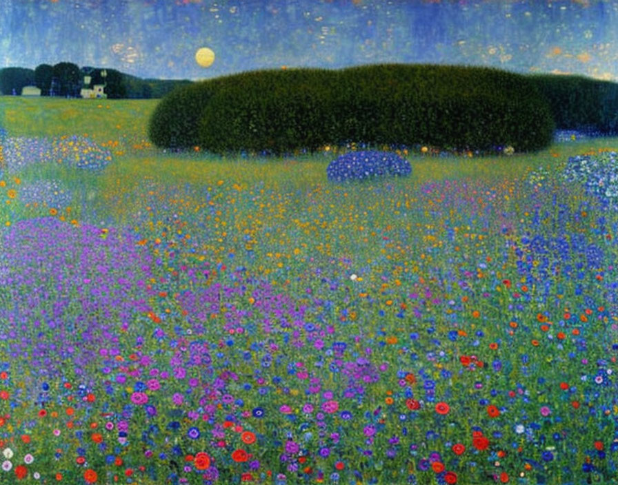 Colorful painting of meadow, twilight sky, wildflowers, full moon, distant house