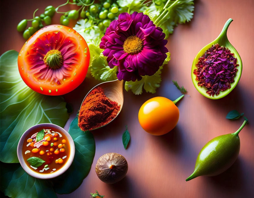 Fresh Ingredients: Tomatoes, Herbs, Spices on Wooden Surface