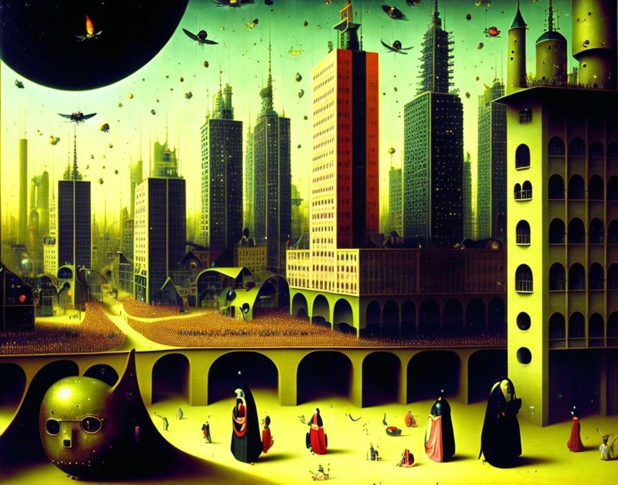 Surreal cityscape with eclipse, anthropomorphic buildings, flying fish, and robed figures.