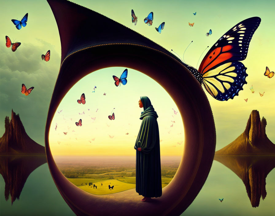 Cloaked figure in surreal looped structure gazes at scenic landscape with butterflies at dusk