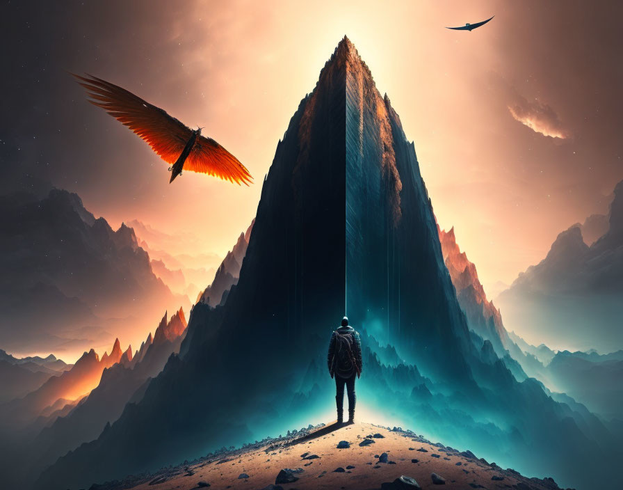 Figure admires mountain at dusk with winged creatures in sky