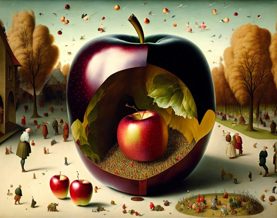 Surreal Painting: Oversized Apples, Miniature People, Village Setting