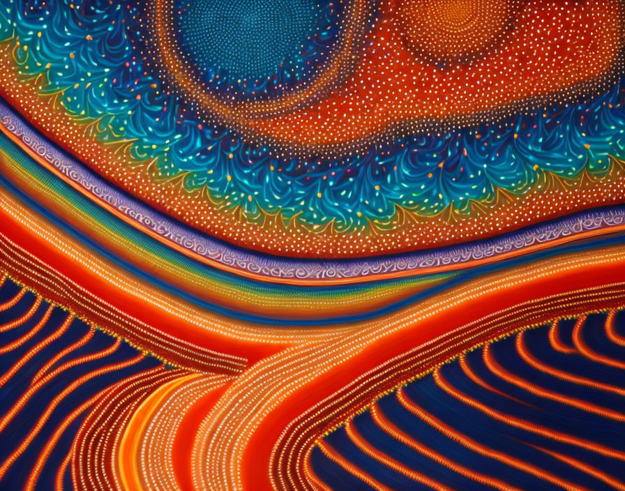 Colorful abstract painting with swirling patterns and dot motifs in blues, oranges, and reds