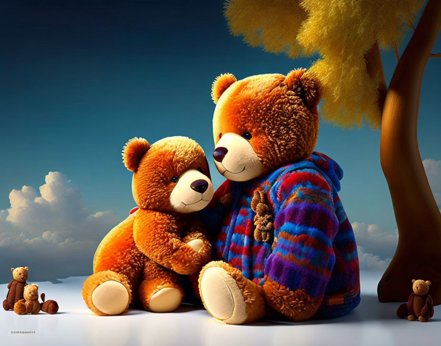 Plush Teddy Bears Embracing in Surreal Setting