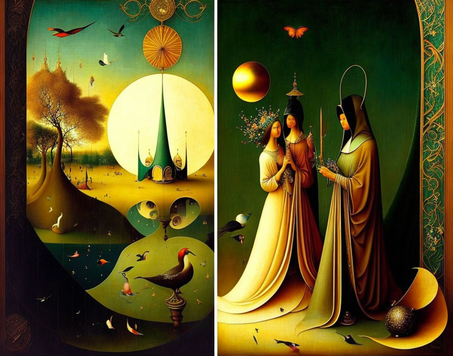 Surreal painting of three figures in flowing robes in dreamlike landscape