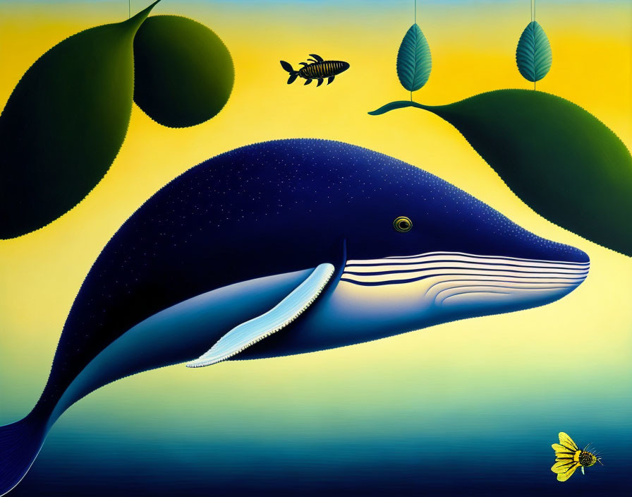 Stylized blue whale with starry textures on yellow gradient background.