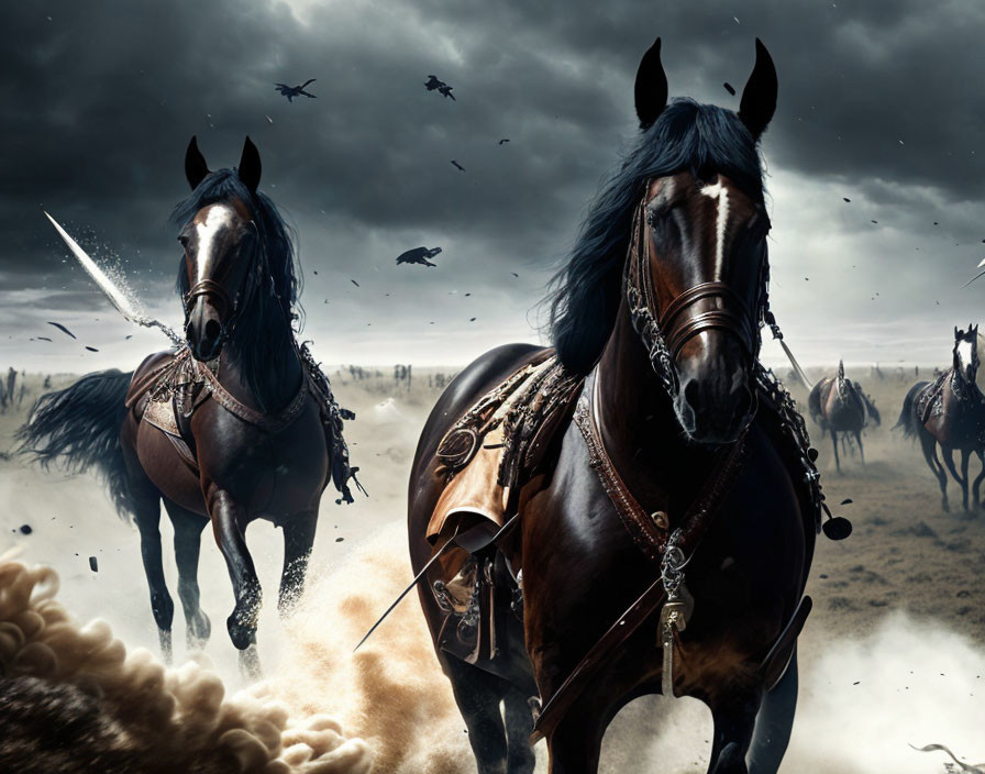 Battlefield scene: Majestic horses charging with riders and warplanes