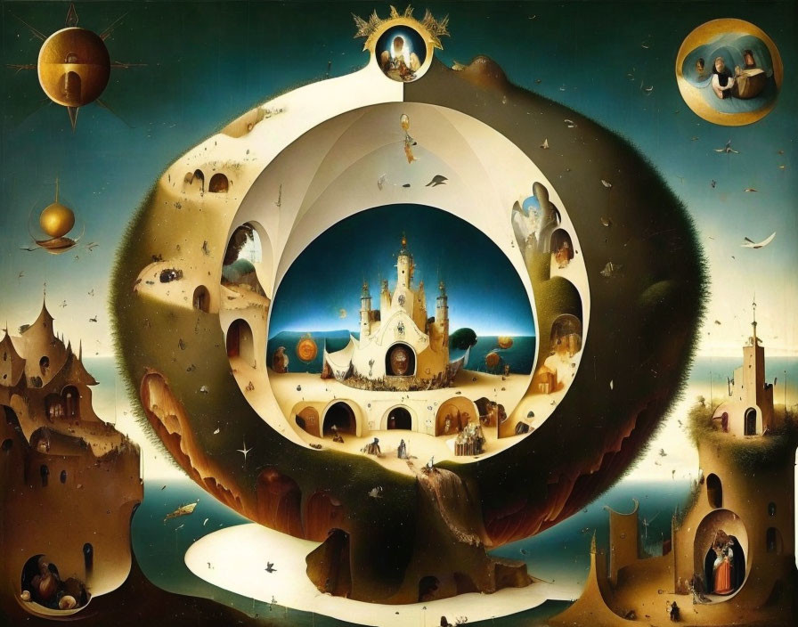 Circular surrealistic landscape with fantastical architecture and floating celestial bodies.