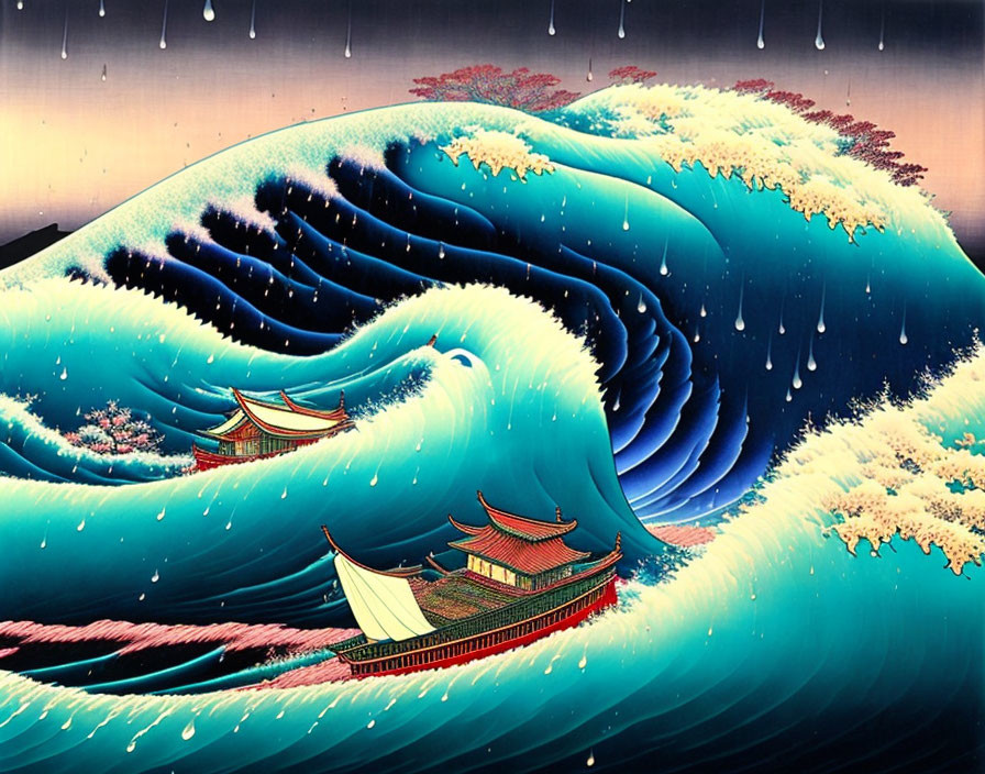 Stylized illustration of large blue wave with Asian boats, cherry blossoms, rain