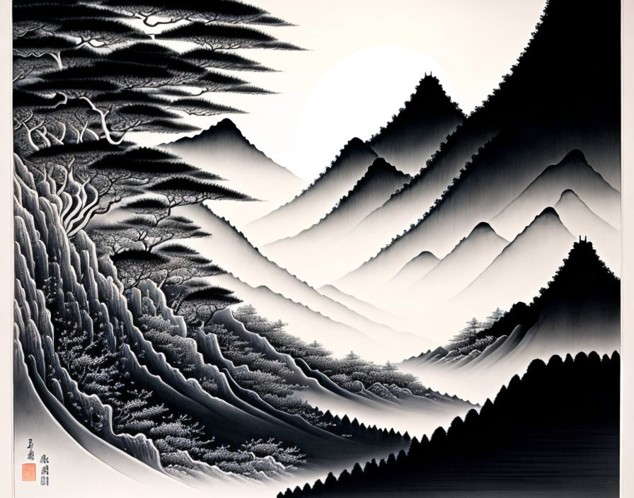 Monochromatic ink painting of layered mountains and stylized trees in East Asian style