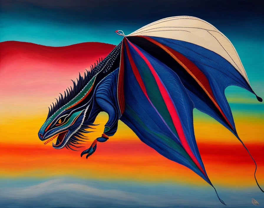 Colorful Stylized Dragon Kite Painting at Sunset