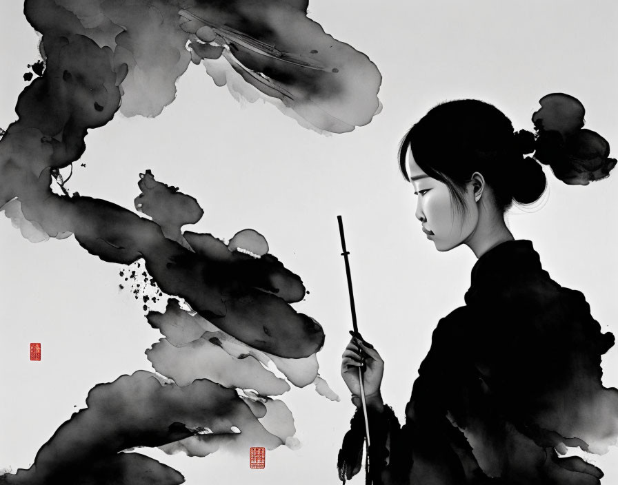 Monochrome artwork: Woman with brush merging with ink blots