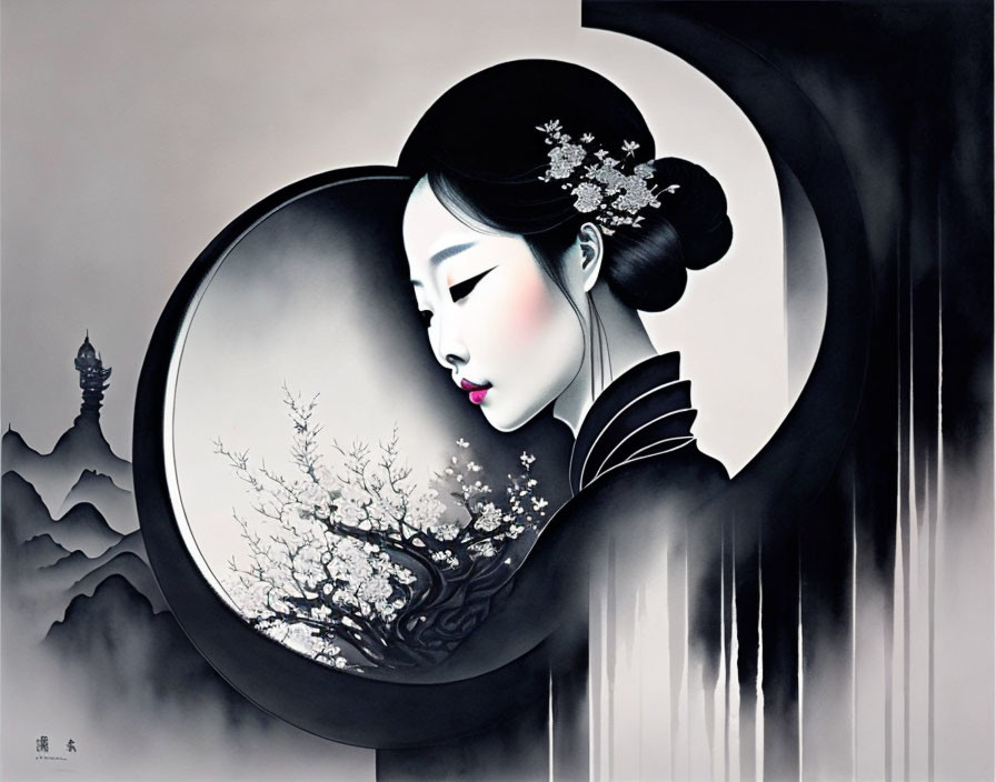 Monochrome artistic illustration of woman with traditional adornment and cherry blossom tree landscape.