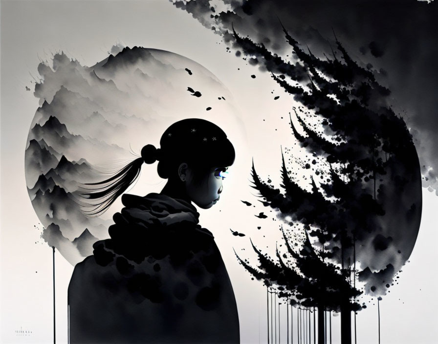 Monochromatic side profile of a girl with ponytail gazing at abstract inkblot clouds turning