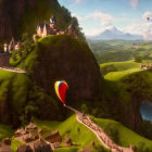 Surreal landscape with floating hot air balloons and whimsical structures