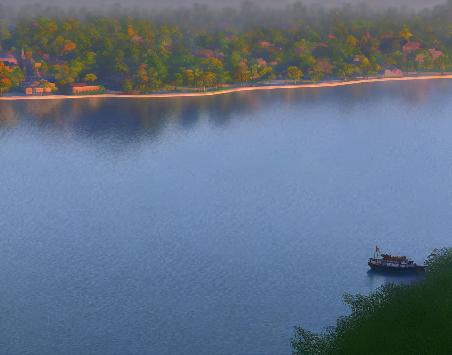 Ship sailing near shore with houses and trees in early morning mist