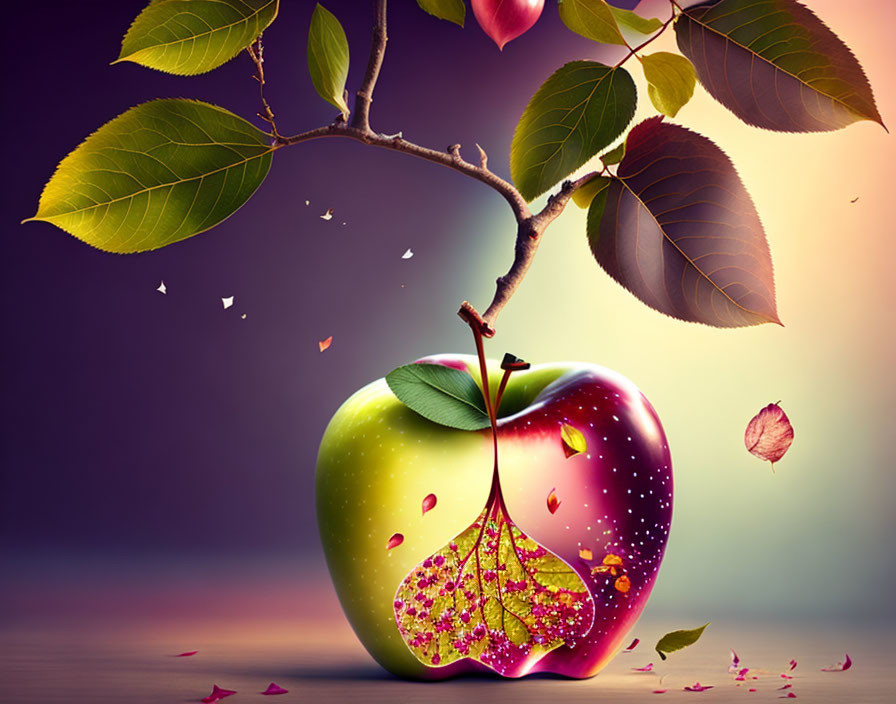 Vibrant branch with leaves and apple cutout design