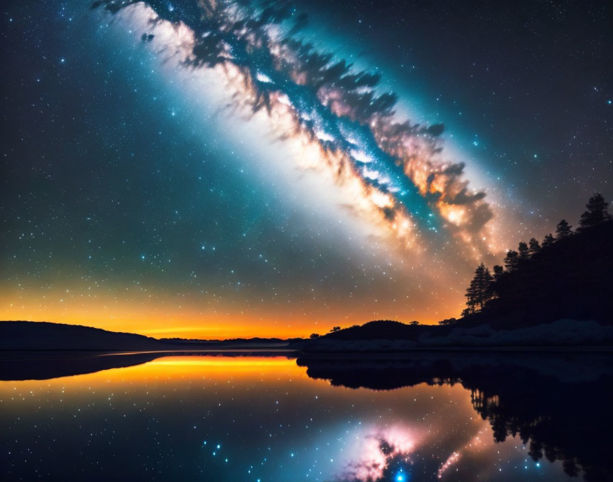 Starry night sky reflected on serene lake with sunset hues