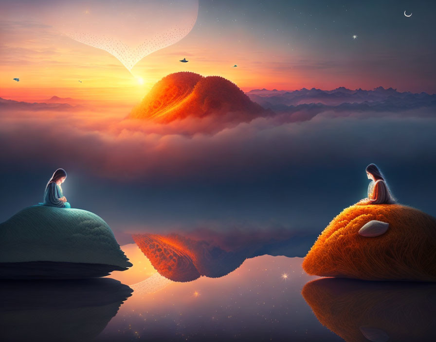 Two figures on fluffy hills surrounded by water under a surreal sky with stars, moon, and spacecraft.