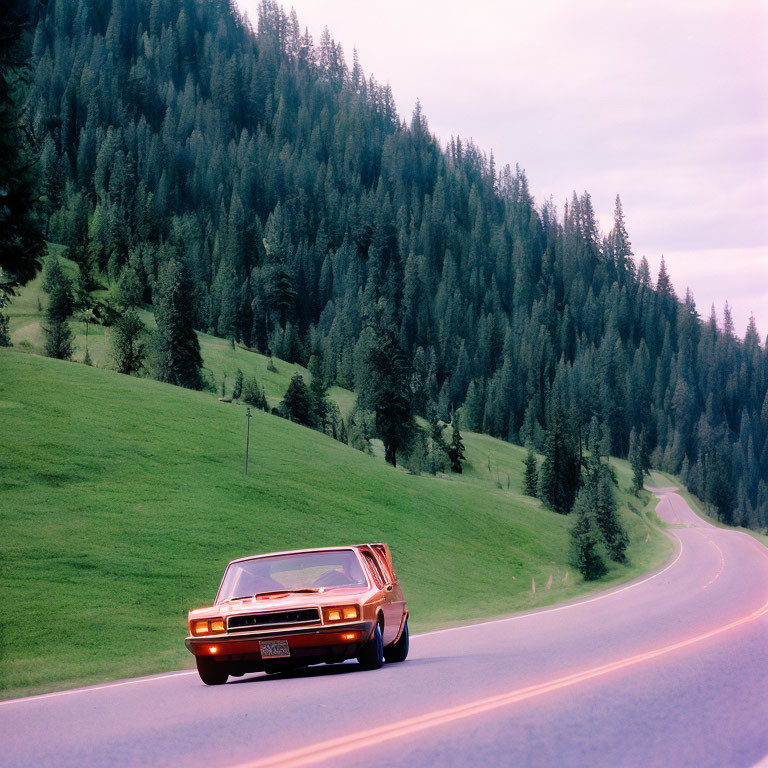 Vintage Car Driving on Winding Road with Pine Trees and Pink Sky