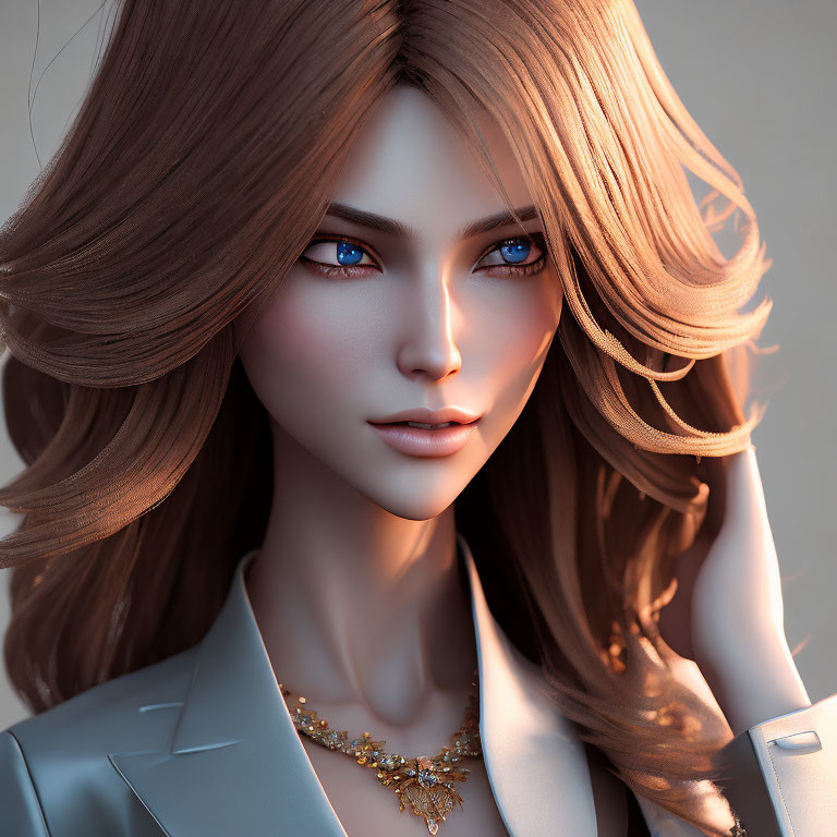 Digital 3D illustration of woman with auburn hair and blue eyes in grey blazer and