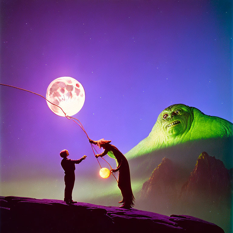 Child playing with giant green creature under starry sky with moon balloon