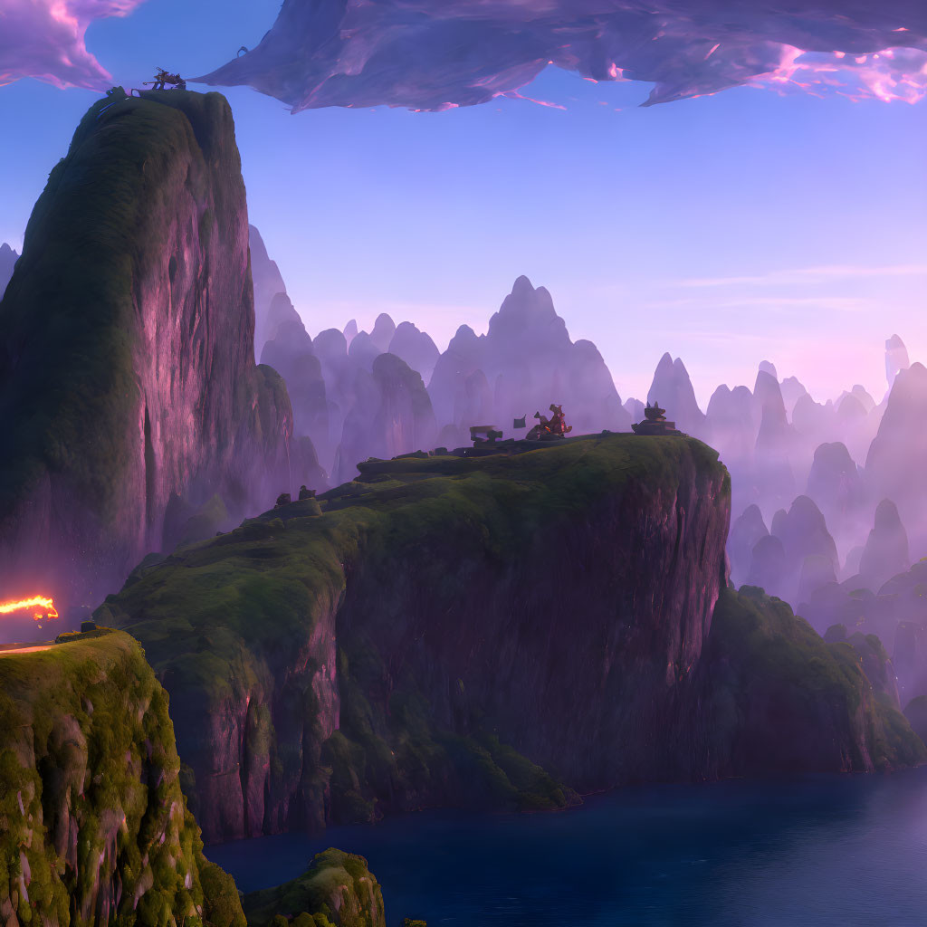 Lush Green Cliffs, Purple Skies, and Floating Islands in a Fantasy Landscape