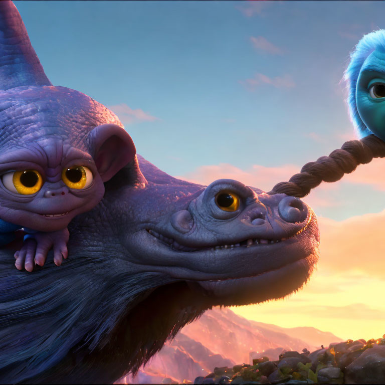 Two creatures with big eyes and horns, one blue and one purple, holding braided hair against a