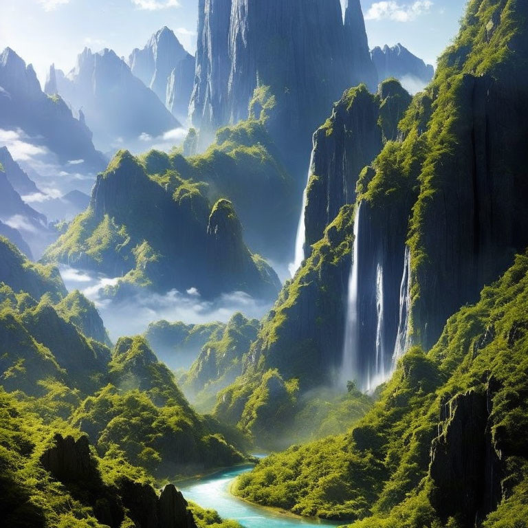 Majestic waterfalls and cliffs in lush green valley