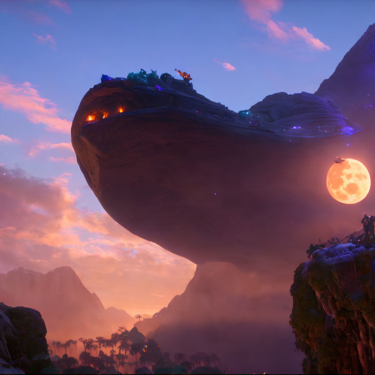 Floating rock island above misty mountains at dusk