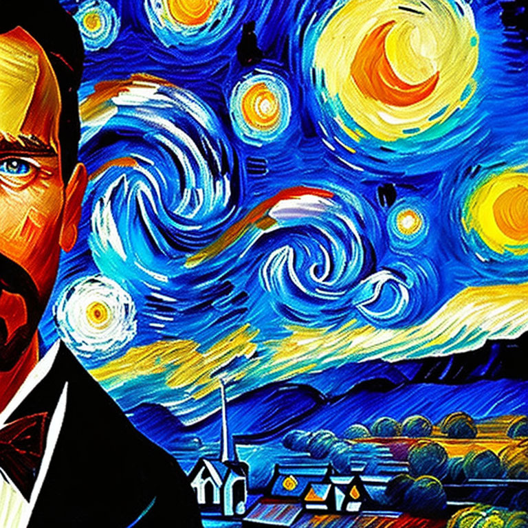 Man in suit with "Starry Night" painting background - swirling stars, night sky