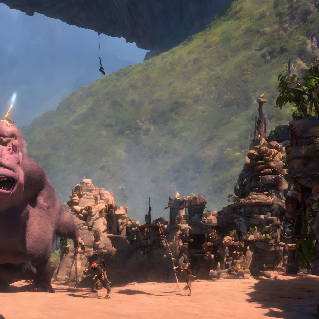 Large Pink Creature and Small Warriors in Mountainous Landscape with Suspended Bridge