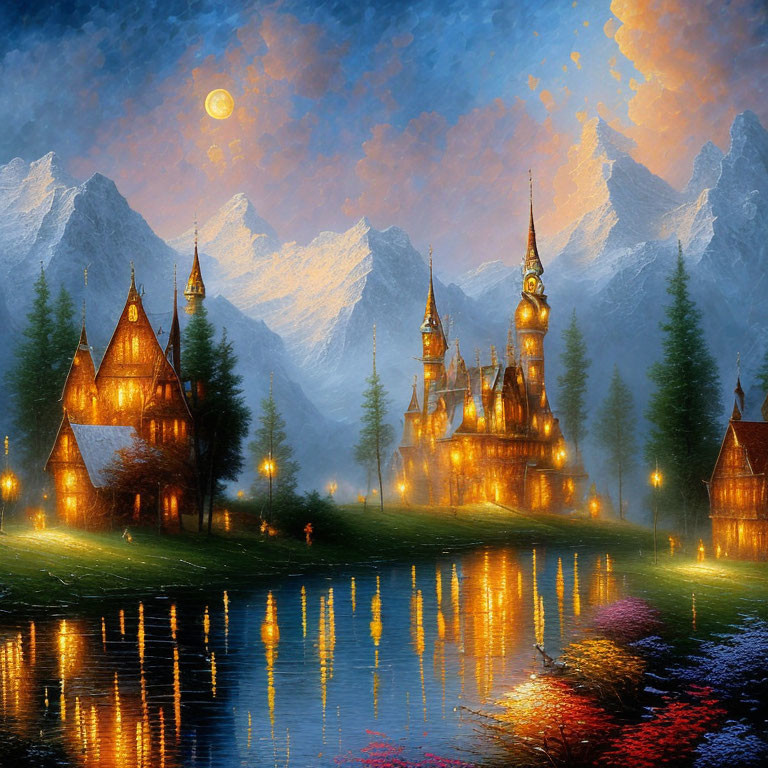 Medieval-style buildings in fantasy landscape by calm lake at twilight