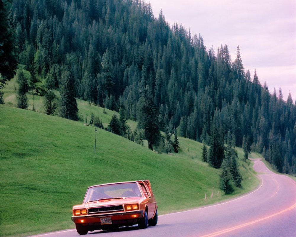 Vintage Car Driving on Winding Road with Pine Trees and Pink Sky