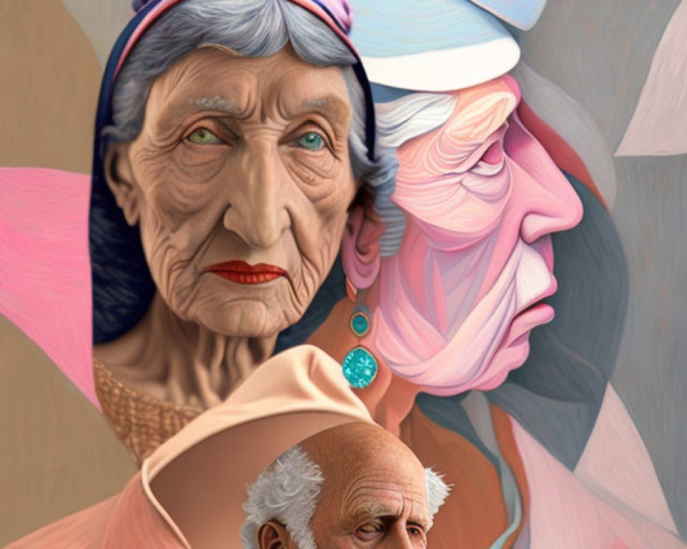 Elderly surreal portrait with distorted features and pastel colors