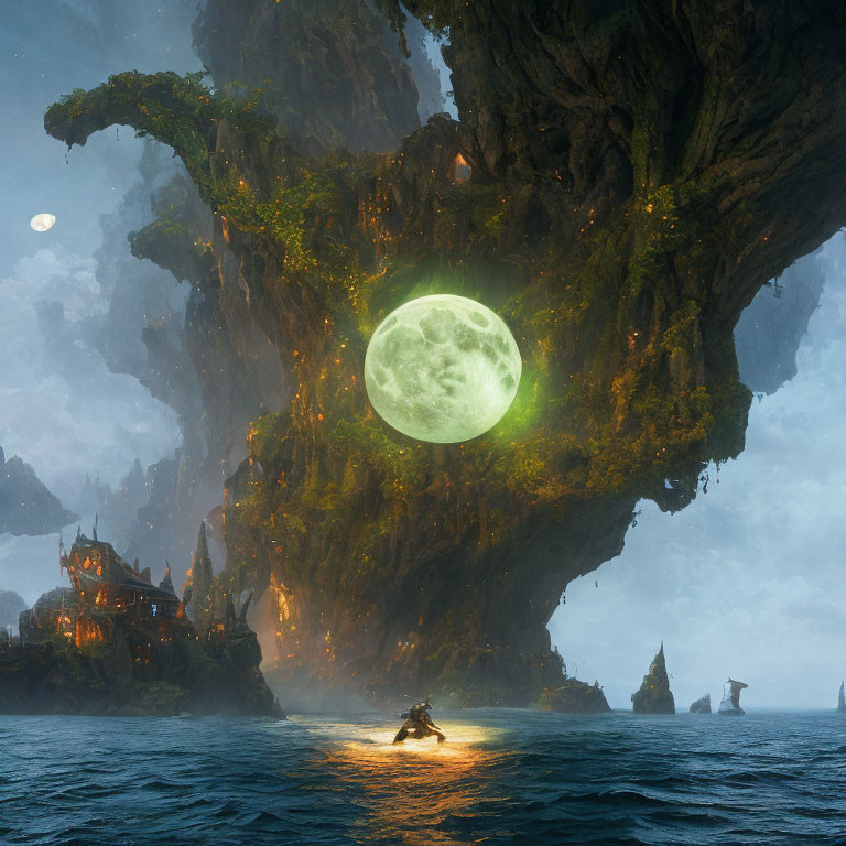 Mystical seascape with towering rock formation, cliffside houses, full moon, and solitary boat