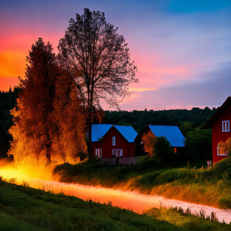 Colorful Sunset Silhouettes Trees and Houses in Rural Landscape